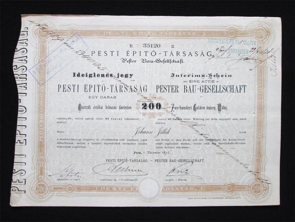 Pesti Építő-Társaság ideiglenes jegy 200 forint 1872